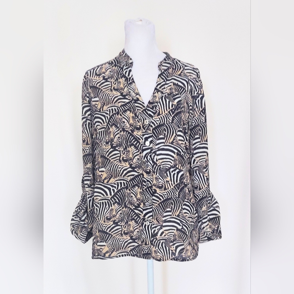 Alfani Zebra Print Roll Tab Sleeve Button Down Blouse Shirt Size 4